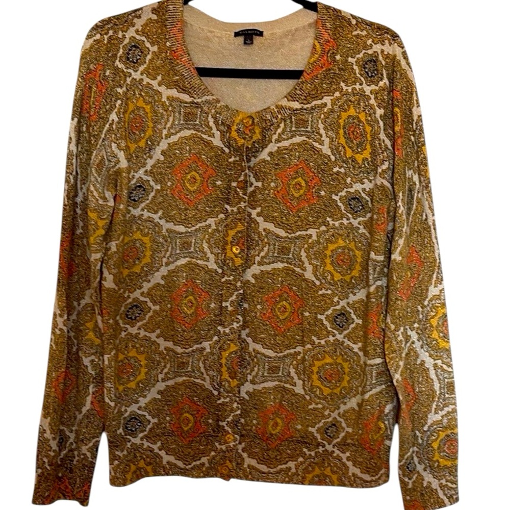 Talbots Gold Metallic  Moroccan Medallion Print Sweater, button front, L